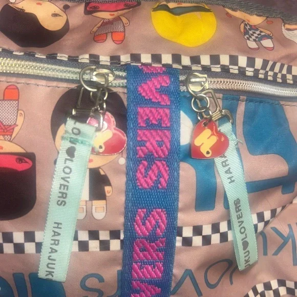 Harajuku Lovers Crossbody Bag Pink Cartoon Print Multi Pocket Y2K Kawaii - Picture 8 of 9